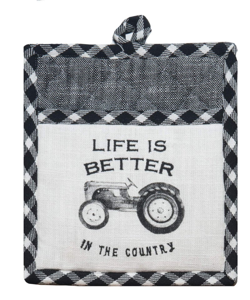 Kay Dee 4 Piece Black and White Farmhouse Country Kitchen Linen Set - 2 Towels, Oven Mitt and Pocket Pot Holder - Image 2